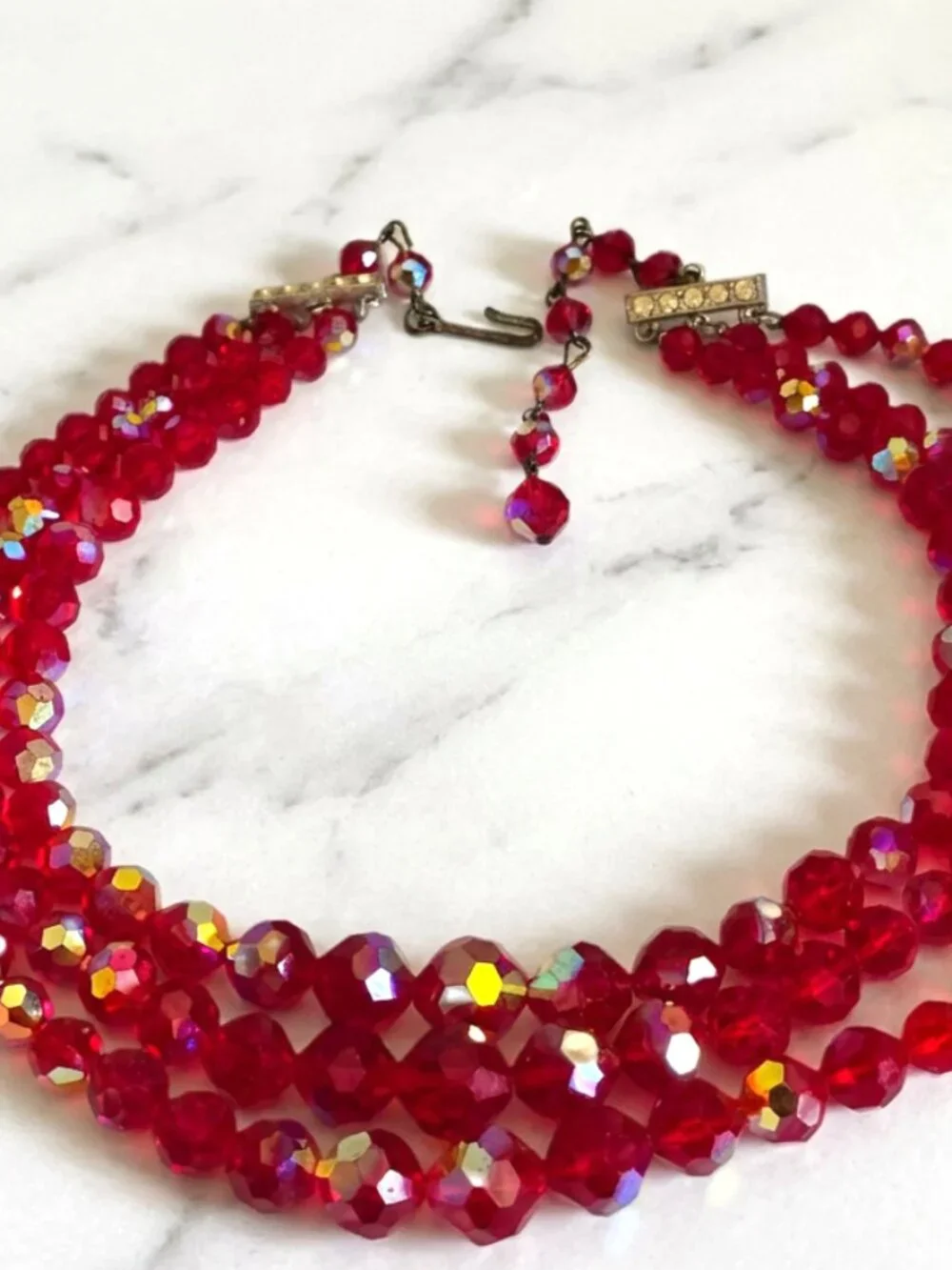 Vintage Ruby Cherry Red AB Crystal Glass triple Strand Necklace Faceted Beads